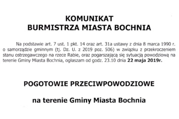 KOMUNIKAT: Pogotowie przeciwpowodziowe na terenie Gminy Miasta Bochnia